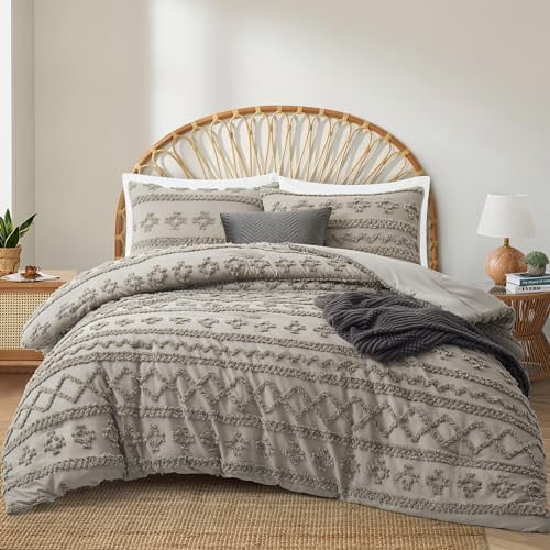 Light Grey King Comforter Set Tufted Bedding Set King 3 Pieces, Boho Shabby Chic Comforter with 2 Pillowcases