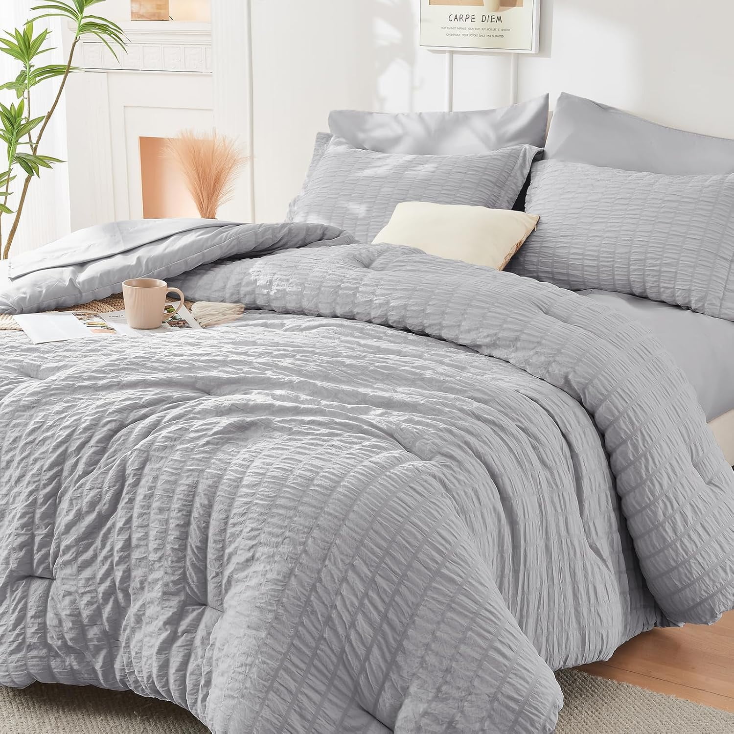 Light Grey King Size Comforter Set Seersucker 7 Pieces, All Season ...