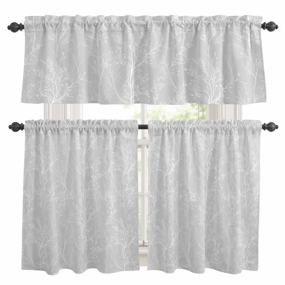 Light Grey Kitchen Curtains Set for Windows, White Tree Branch Botanical Abstract Plant Leaves Curtains Valance and Tier 3 Piece Set Small Drapes 24 Inch Length for Kitchen Bedroom Decor