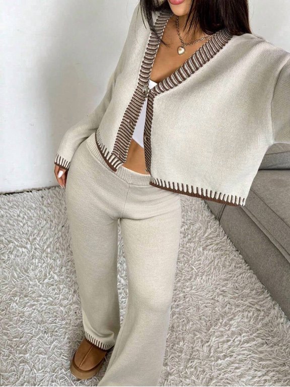 Light Grey Knit Cardigan And Pants Set With Striped Trim
