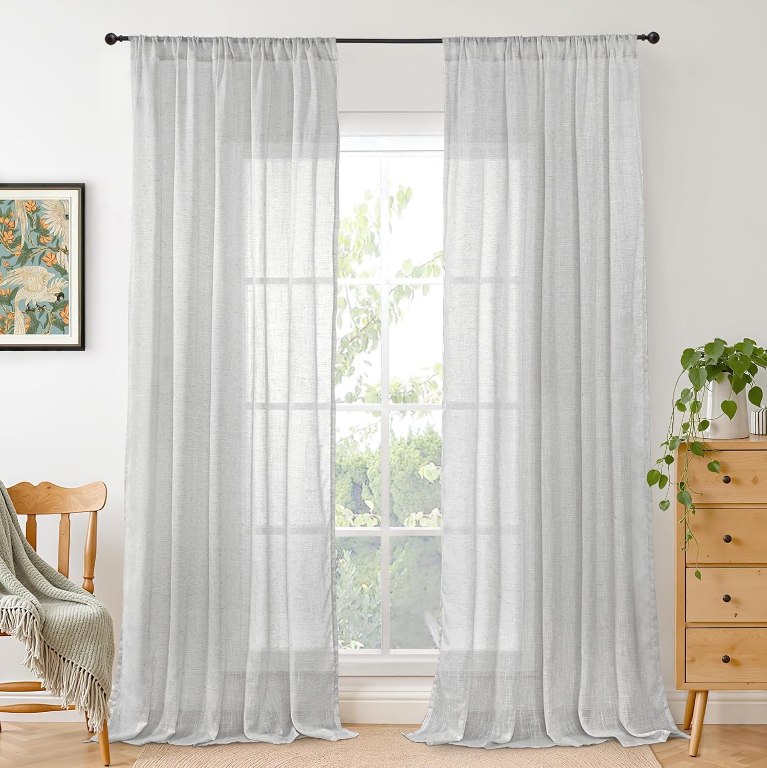 Light Grey Linen Curtains 96 Inch Length for Living Room, Extra Long Window Drapes Lightweight Rustic Semi Sheer Textured for Bedroom Rod Pocket, 2 Panels Set, 52 Inch Wide