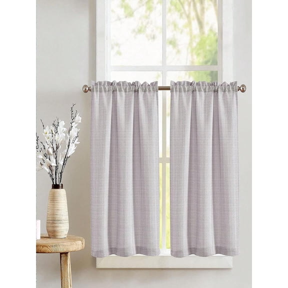 Light Grey Linen-Like Solid Short Kitchen Curtain, 230g/ ㎡   Lightweight Sheer, Simple Modern Design For Bedroom Living Room