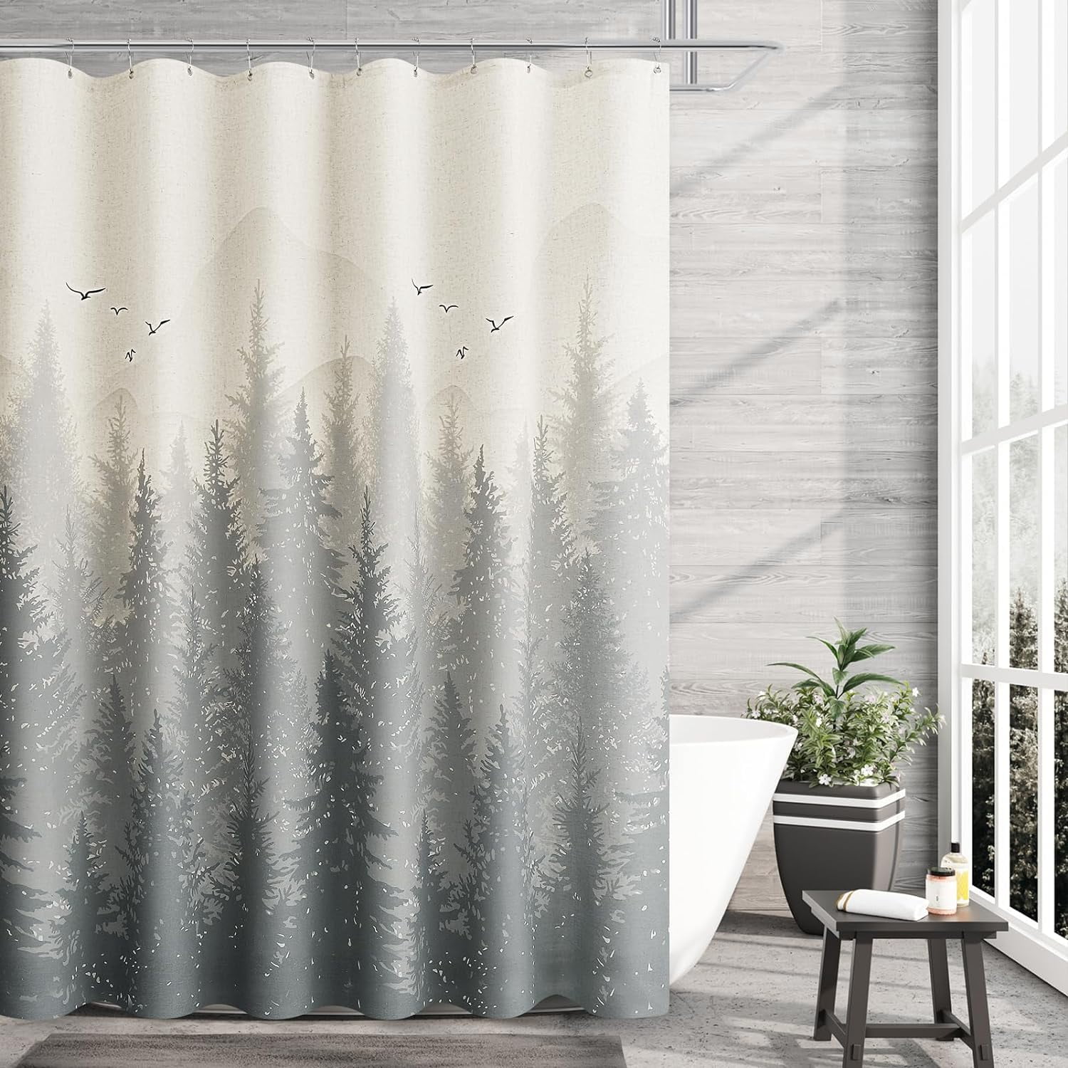 Misty Forest Shower Curtain – Dark Grey Pine Tree Scene, 70x70 Inch, Polyester Fabric With Hooks - View #2