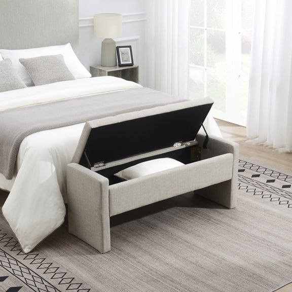 Light Grey Linen Storage Ottoman - Comfortable for Sitting, Ideal for Window and Vanity Use