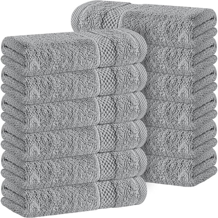 Light Grey Luxury Cotton Washcloths 12 Pc Set - Large 13x13 Inches Hotel Style Face Towel, High Absorbent Quick Dry Wash Cloths for Home, Spa, Gym, Light Grey, 12 Pack