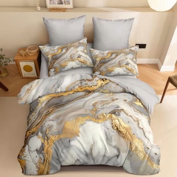 Light Grey Marble Comforter Set Full Size Marble Print Bedding Set for Girls Boys Abstract Golden River Decor Quilt Set - 3Pcs Soft Fluffy Microfiber with 2 Pillowcases(79 * 90)