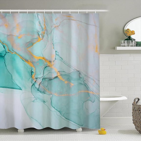 Light Grey Marble Shower Curtain Set For Bathroom Green Watercolor Waterproof Fabric RV Stall Home Decor Modern Luxury Farmhouse Room Partition Shower Curtains With Hooks 36"W x 72"L