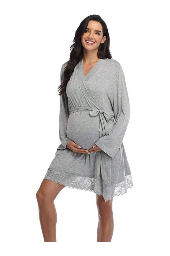 Light Grey Maternity Wrap Robe With Lace Hem - Nursing Sleepwear For Pregnant Women