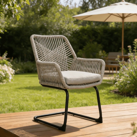 Light Grey PE Rattan Outdoor Armchair with Spring Support, Set of 2 All-Weather Patio Furniture with Cushion for Balcony Garden