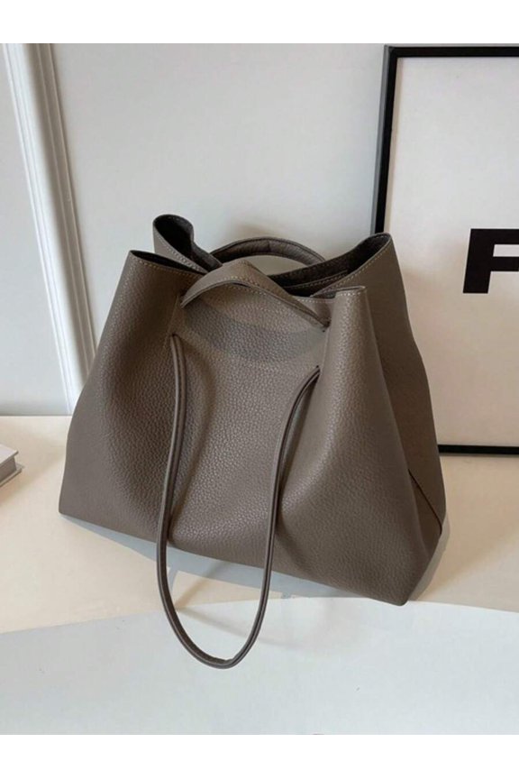 Light Grey Pebbled Leather Tote Shoulder Bag With Drawstring Closure
