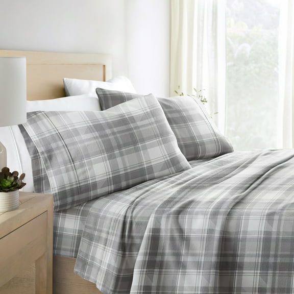 Light Grey Plaid 4 Piece 100% Cotton Flannel Deep Pocket Sheet Set, Cal King, by Noble Linens