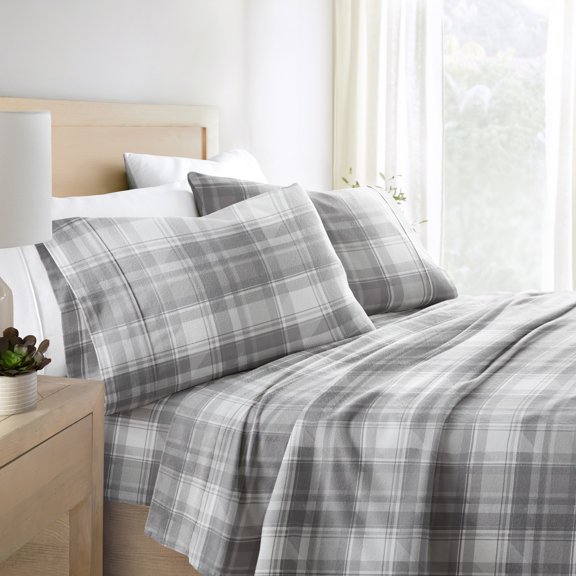 Light Grey Plaid 4 Piece 100% Cotton Flannel Deep Pocket Sheet Set, Queen, by Noble Linens