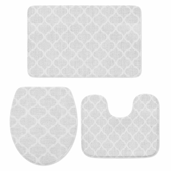 Light Grey Plaid Bathroom Rugs Set Retro Country Moroccan National Geometrical Plaid Non Slip Absorbent Soft Bath Mats 3 Piece Set with Bathroom Rug, U-Shaped Floor Mat, Toilet Seat Cover Large Size