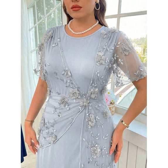 Light Grey Plus Size Womens Elegant Floral Embellished Twist Front Dress With Sheer Short Sleeves And Round Neck
