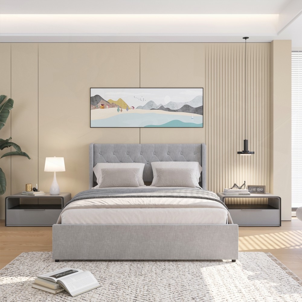 Light Grey Queen Bed Frame Having 4 Under-Bed Drawers & Wingback ...