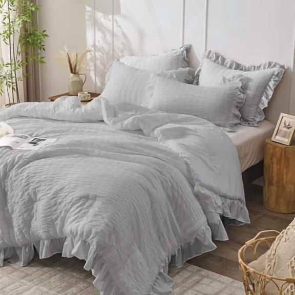 Light Grey Queen Comforter Set, 3 Pieces Seersucker Comforters Queen Size, Lightweight & Fluffy Bedding Sets Queen for All Season with 1 Ruffle Comforter and 2 Ruffle Pillowshams