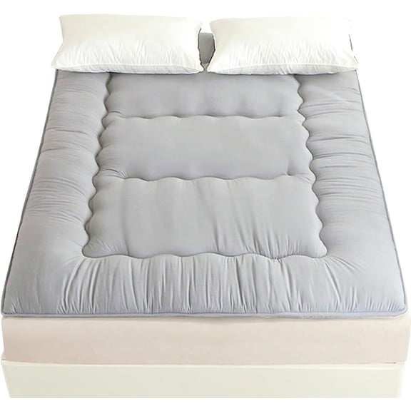 Light Grey Queen Size Japanese Floor Futon Mattress, Foldable Tatami Bed and Roll-Up Sleeping Pad