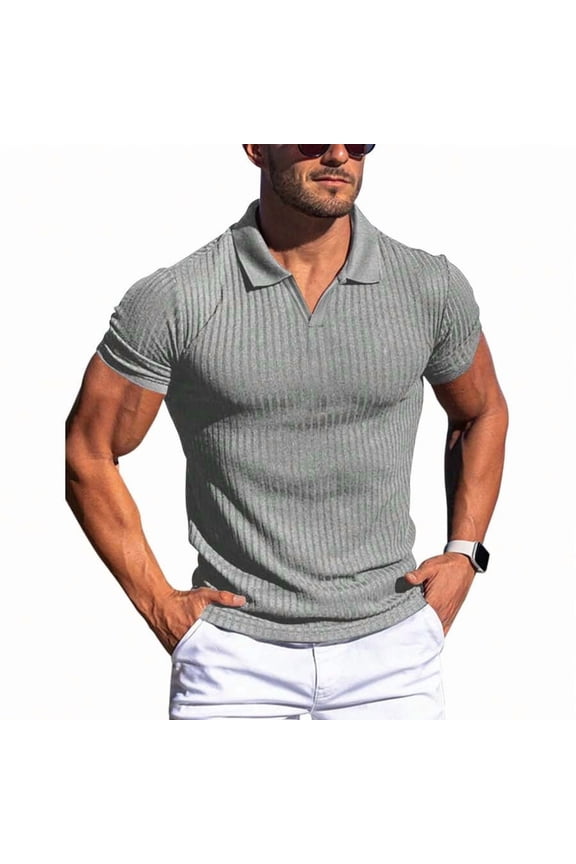 Light Grey Ribbed Knit Collared V-Neck Short Sleeve Polo Shirt For Men