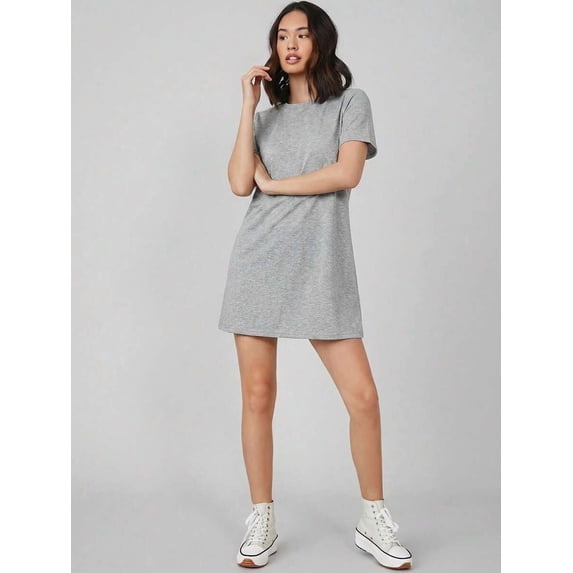 Light Grey Round Neck Short Sleeve A-Line Mini Dress For Women