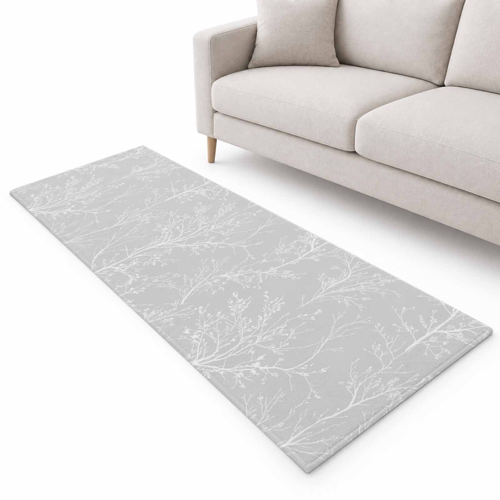 Light Grey Runner Rug 2.6'x10', White Tree Branch Botanical Abstract ...