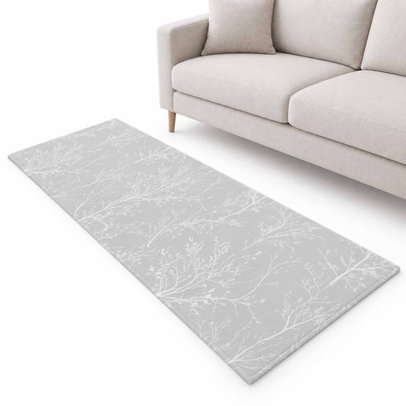 Light Grey Runner Rug 2.6'x10', White Tree Branch Botanical Abstract ...