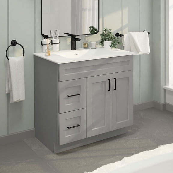Light Grey Shaker Bathroom Vanity Sink Base with Drawers 36" Ready-to-Assemble Cabinet, Base Only