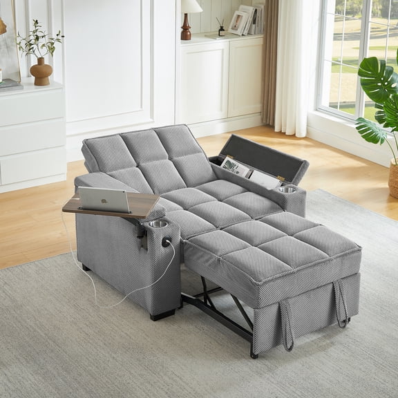 Light Grey Single Sofa Bed ,Sleeper Sofa Bed with 6-Position Adjustable Backrest,USB Ports, Cup Holder and Swivel Side Table