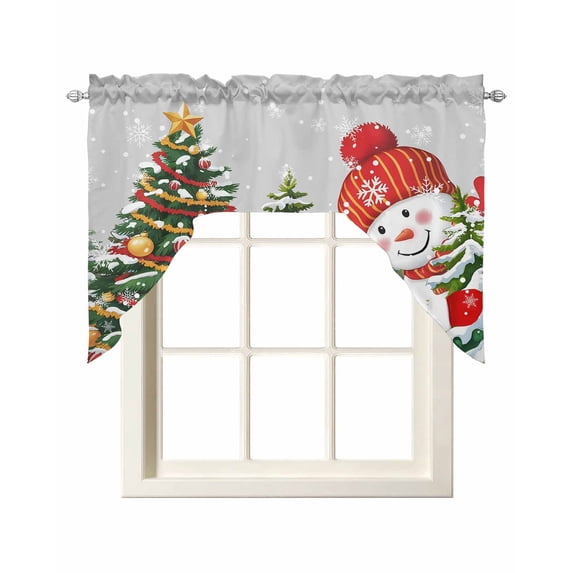 Light Grey Snowman Christmas Swag Valances for Windows, Small Curtains Drapes, Xmas Tree Snowflake Kitchen Window Curtains Over Sink Rod Pocket Window Treatment Valance for Bedroom/Bathroom 56"x36"