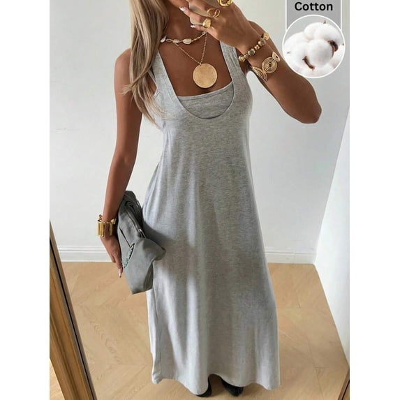 Light Grey Solid Asymmetric Neck Sleeveless Maxi Dress With Built-In Bra