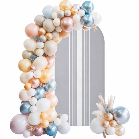 Light Grey Striped Arch Backdrop Cover, Spandex Fitted Wedding Arch Cover, White Simple Neutral Modern Round Top Stand Covers for Birthday Ceremony Bridal Shower Party Decor 7.2x4 Ft