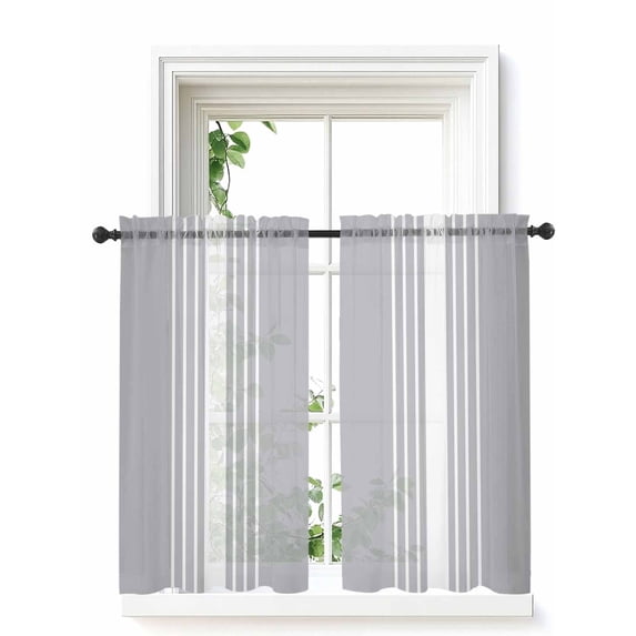 Light Grey Striped Curtains 54 Inch Length, Sheer Curtains for Bedroom Living Room Window White Simple Neutral Modern Rod Pocket Voile Drapes Kitchen Curtains Small Half Window 42"x54" 2 Panels