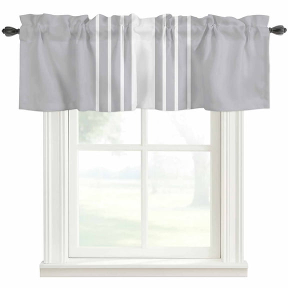 Light Grey Striped Farmhouse Short Window Curtain Valances, White Simple Neutral Modern Rod Pocket Kitchen Valances for Living Room Bedroom Bathroom Cafe 60" x 18"