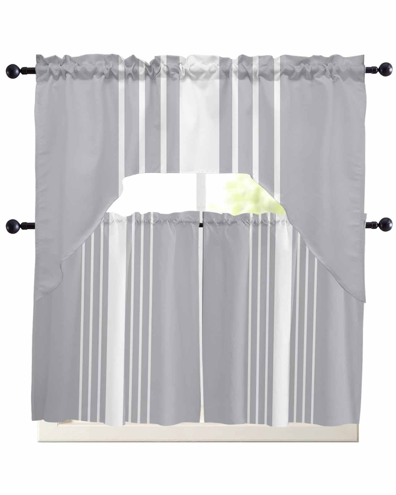 Light Grey Striped Kitchen Curtains Sets 36 Inch Length with Valance ...