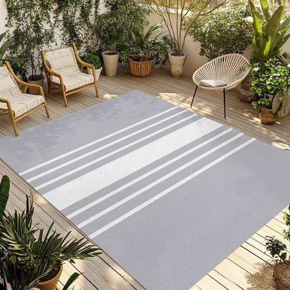 Light Grey Striped Outdoor Rug 3x5 Ft - Reversible Patio Rug Outdoor Camping Rugs, White Simple Neutral Modern Washable Indoor Outdoor Area Rugs, Non-Slip Outdoor Carpet Runner for Deck/Porch
