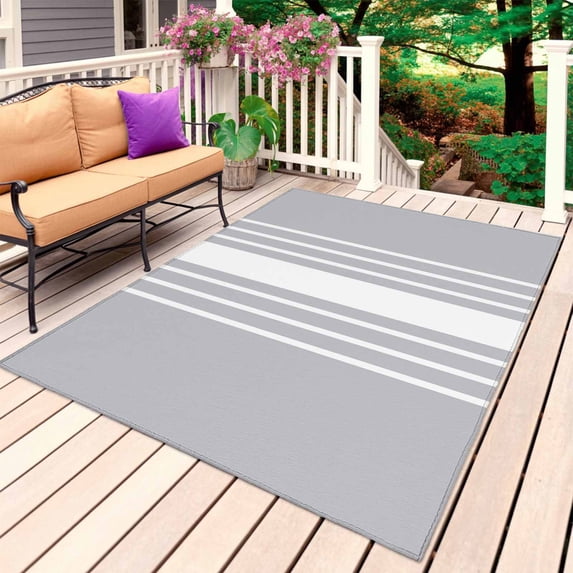 Light Grey Striped Outdoor Rug 4x6 Ft, Non Slip Washable Area Rug, White Simple Neutral Modern Patio Rugs Carpet Runner, Large Floor Mat for Indoor/Outdoor Deck Porch Camping