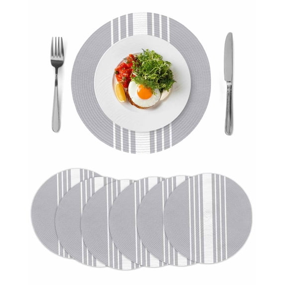 Light Grey Striped Round Placemats Set of 6 for Dinning Tables,Heat-proof Braided Table Mats 13 Inch,White Simple Neutral Modern Washable Place Mat for Kitchen Restaurant Party Decor Table Setting