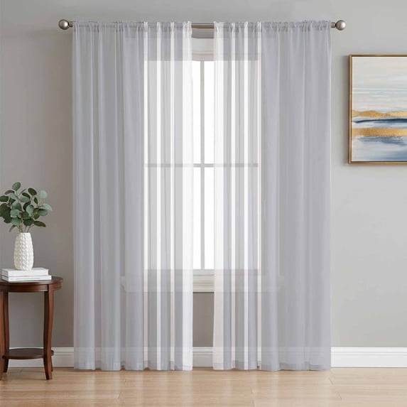 Light Grey Striped Semi Sheer Curtains 96 Inch Length 2 Panels Set, White Simple Neutral Modern Sheer Kitchen Curtain Privacy Voile Window Curtain for Living Room Bedroom Rod Pocket Drapes