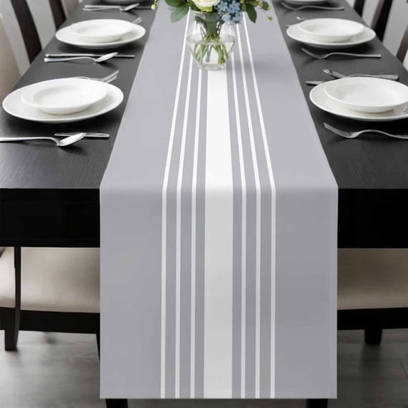 Light Grey Striped Table Runner 60 Inches Long, White Simple Neutral Modern Kitchen Coffee Dining Table Decoration for Home Party Birthday Wedding Home Decor 13x60 Inches