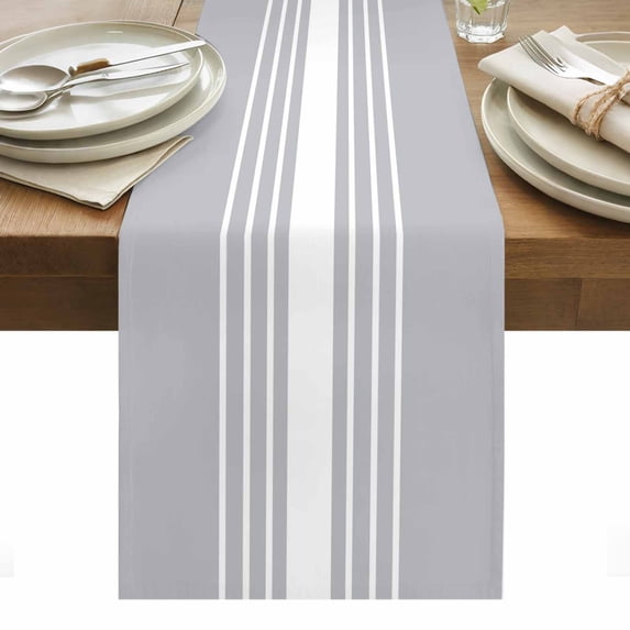 Light Grey Striped Table Runner - 72 Inch Long, Kitchen Dining Table Runner Dresser Scarves, White Simple Neutral Modern Farmhouse Decor for Coffee Tables Wedding Party Banquet