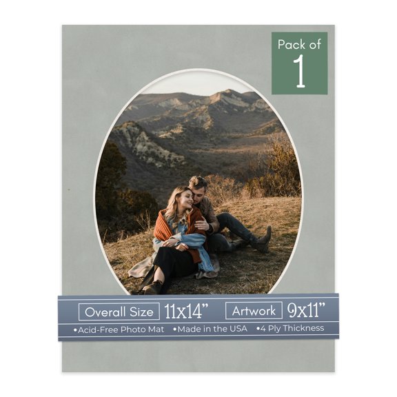 Light Grey Suede Picture Frame Mat for 11x14 Frames - Oval Opening for 9x11 Photos - 1 Mat