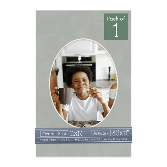 Light Grey Suede Picture Frame Mat for 11x17 Frames - Oval Opening for 8.5x11 Photos - 1 Mat