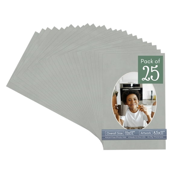 Light Grey Suede Picture Frame Mat for 11x17 Frames - Oval Opening for 8.5x11 Photos - 25 Mats
