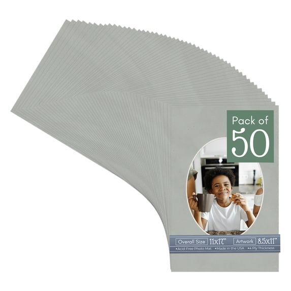 Light Grey Suede Picture Frame Mat for 11x17 Frames - Oval Opening for 8.5x11 Photos - 50 Mats