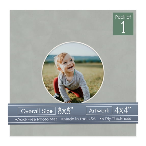 Light Grey Suede Picture Frame Mat for 8x8 Frames - Circle Opening for 4x4 Photos - 1 Mat