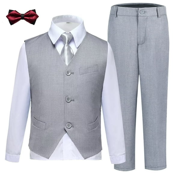 Light Grey Suit 4 Pieces for Husky Boys Kids Slim Fit Jacket Pants Set for Wedding Prom Party Size 12