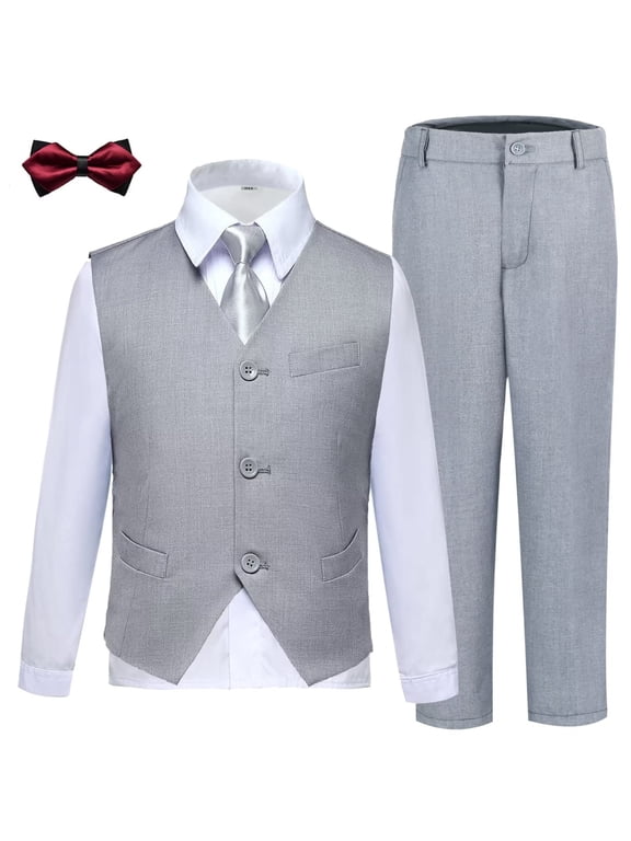 Light Grey Suit 4 Pieces for Husky Boys Kids Slim Fit Jacket Pants Set for Wedding Prom Party Size 12