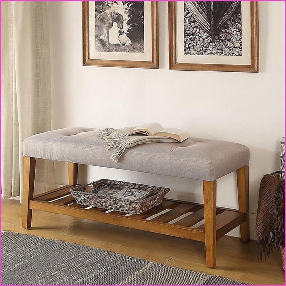 Light Grey Tufted Padded Bench with Wood Frame & Open Storage | Contemporary | Wood+Fabric