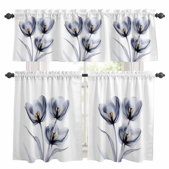 Light Grey Tulip Kitchen Curtains Sets for Windows 24 Inch Length, Rustic Elegant Floral Botanical Rod Pocket Window Treatments Tier Curtains and Valances Set for Bedroom/Bathroom