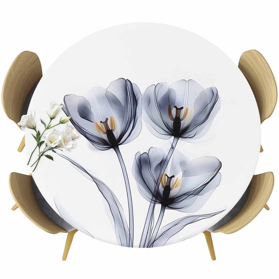 Light Grey Tulip Round Tablecloth 45-54 Inch Round Fitted Table Cloth with Elastic Edge, Rustic Elegant Floral Botanical Waterproof Table Cover Protector for Outdoor Picnic Party Dining