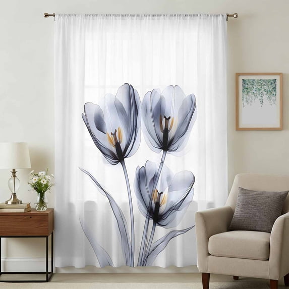Light Grey Tulip Sheer Curtains 45 Inches Long, Rustic Elegant Floral Botanical Light Filering Curtains, Breathable Simi Curtain Privacy Drapes for Kitchen Bathroom Lightweight Small Window Treatment